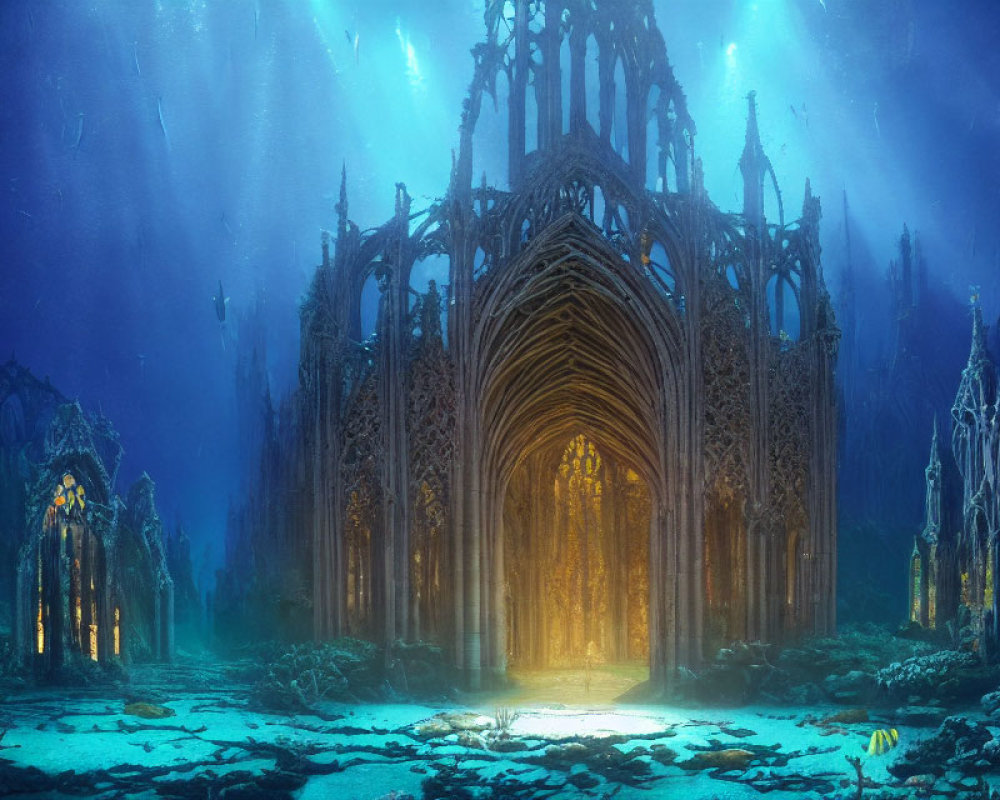 Gothic-style cathedral ruins in underwater scene with marine vegetation and skeletal remains