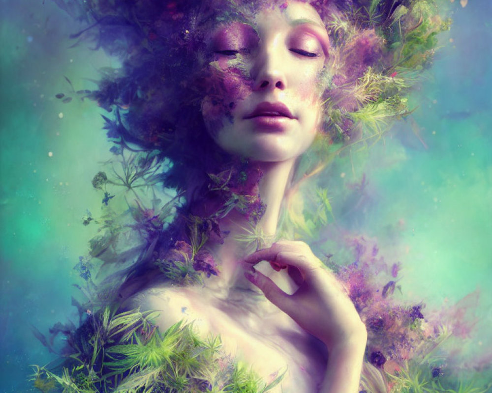 Portrait of person with closed eyes in purple and green foliage headdress on misty teal background