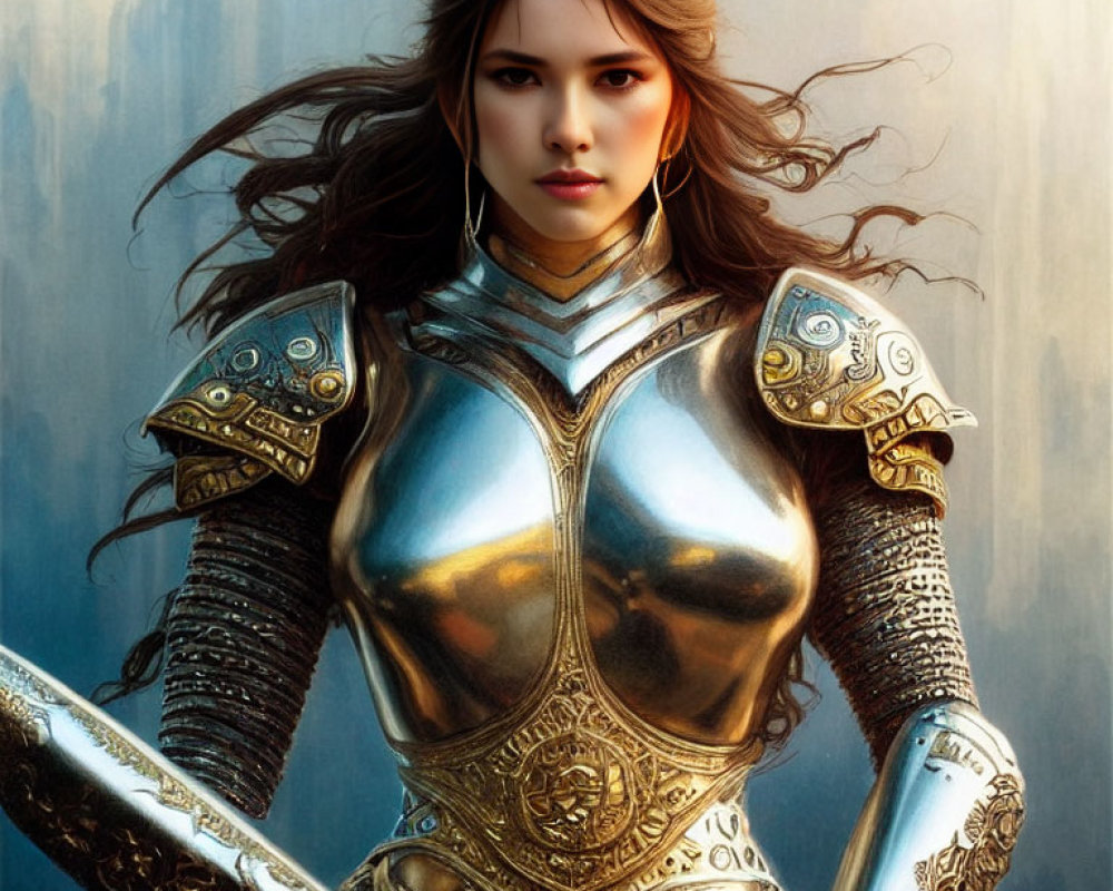 Medieval woman in ornate armor with sword and dark hair on blue background