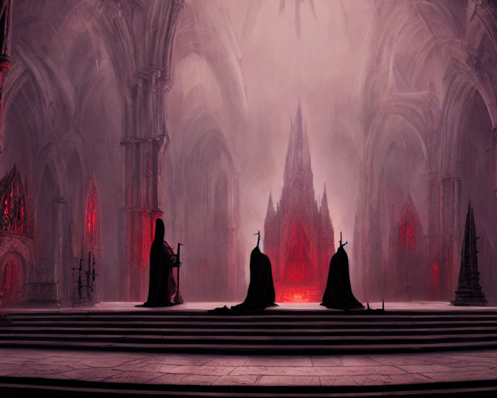 Robed Figures Kneeling in Gothic Cathedral