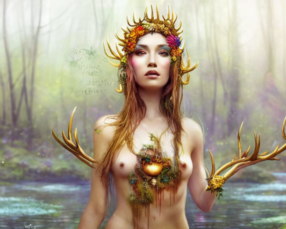 Mystical forest scene with woman in antler crown and fruits in foggy woodland.