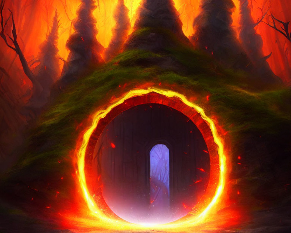 Glowing portal in hill with red forest and moss-covered trees