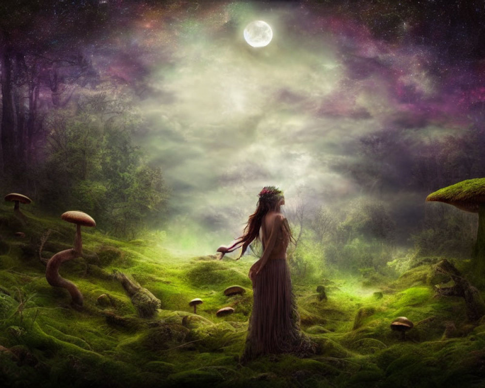 Woman in flowing dress and flower crown in mystical forest with giant mushrooms under moonlit sky
