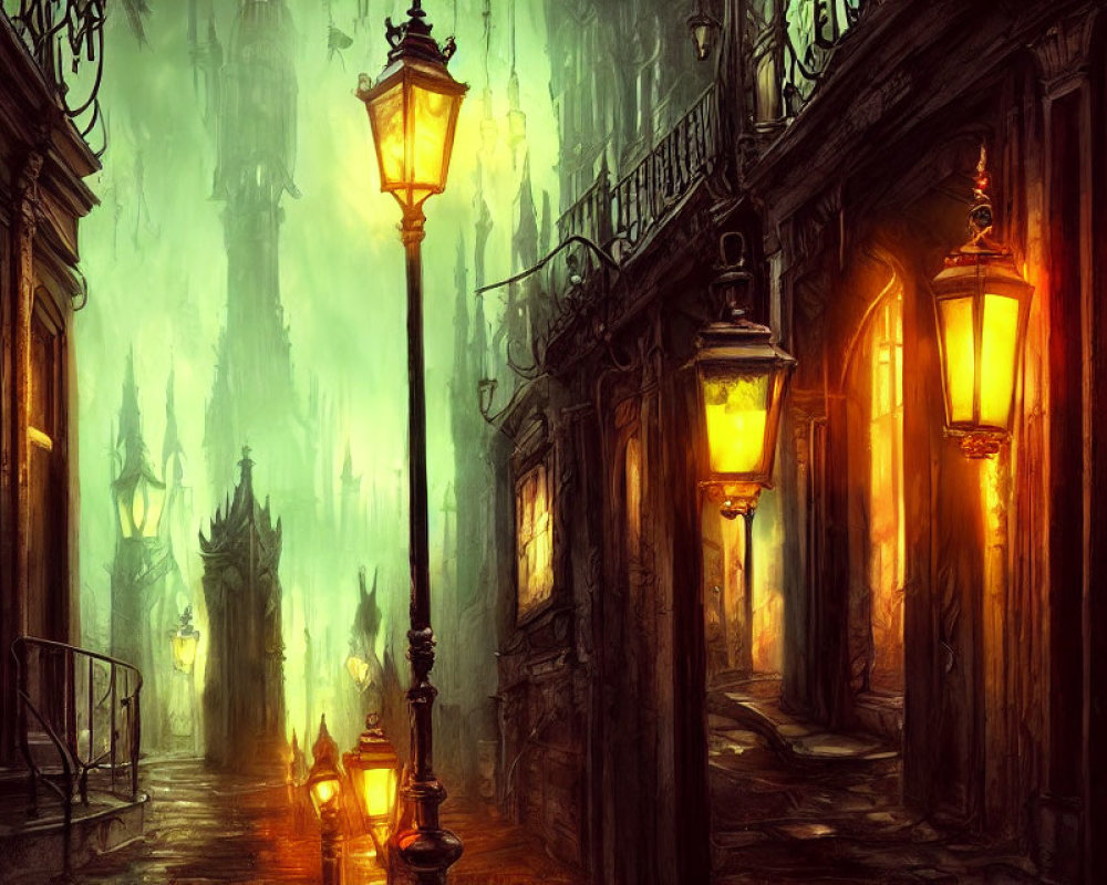 Gothic cityscape at night with glowing lanterns and foggy streets