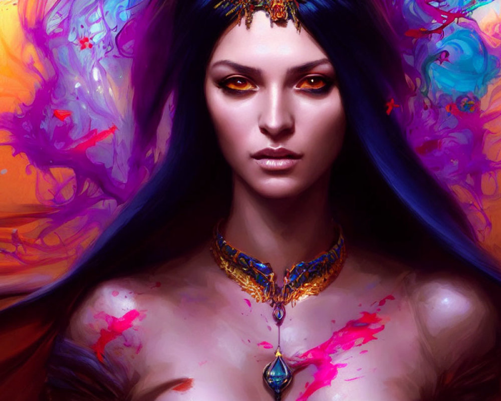 Vivid digital artwork: Woman with dark hair, golden accessories, in surreal purple-magenta background