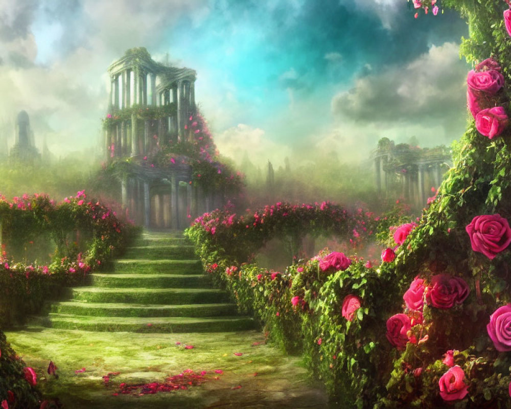 Lush Garden with Pink Roses, Stone Steps, and Classical Ruins
