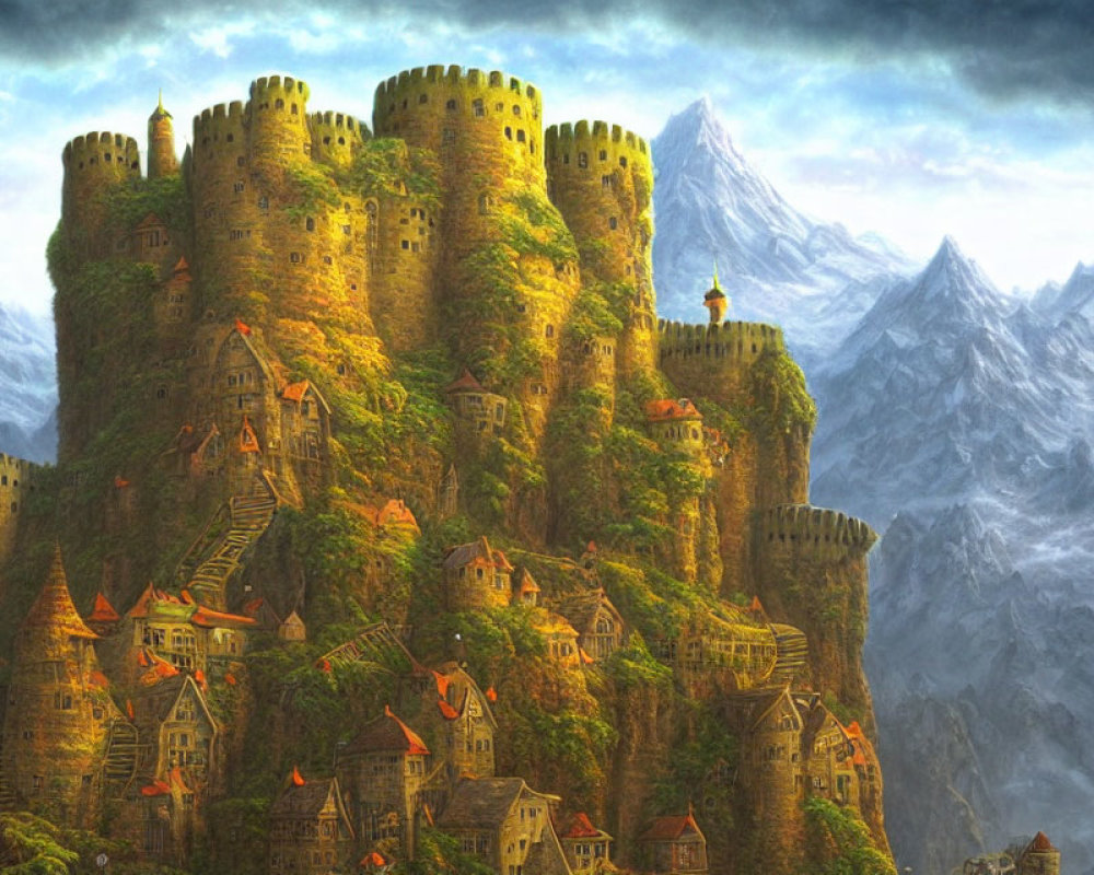 Fantasy castle with multiple towers on hill amidst houses, greenery, and snowy mountains