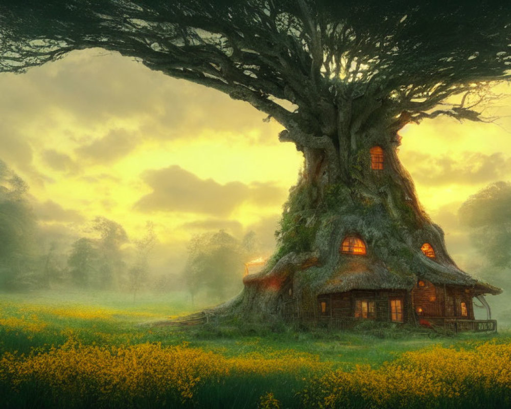 Magical treehouse with glowing windows in ancient tree at sunset