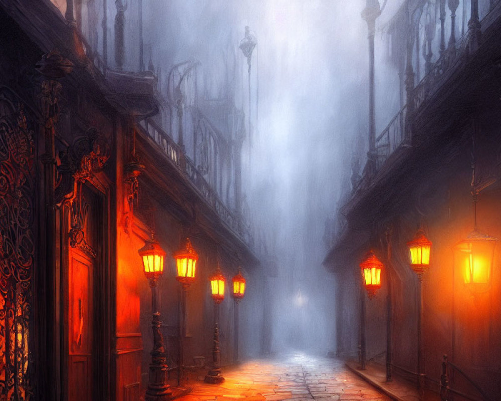 Misty cobblestone street at dusk with glowing street lamps and ornate building facade.