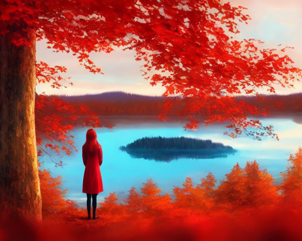 Person in red dress under autumn tree by tranquil lake