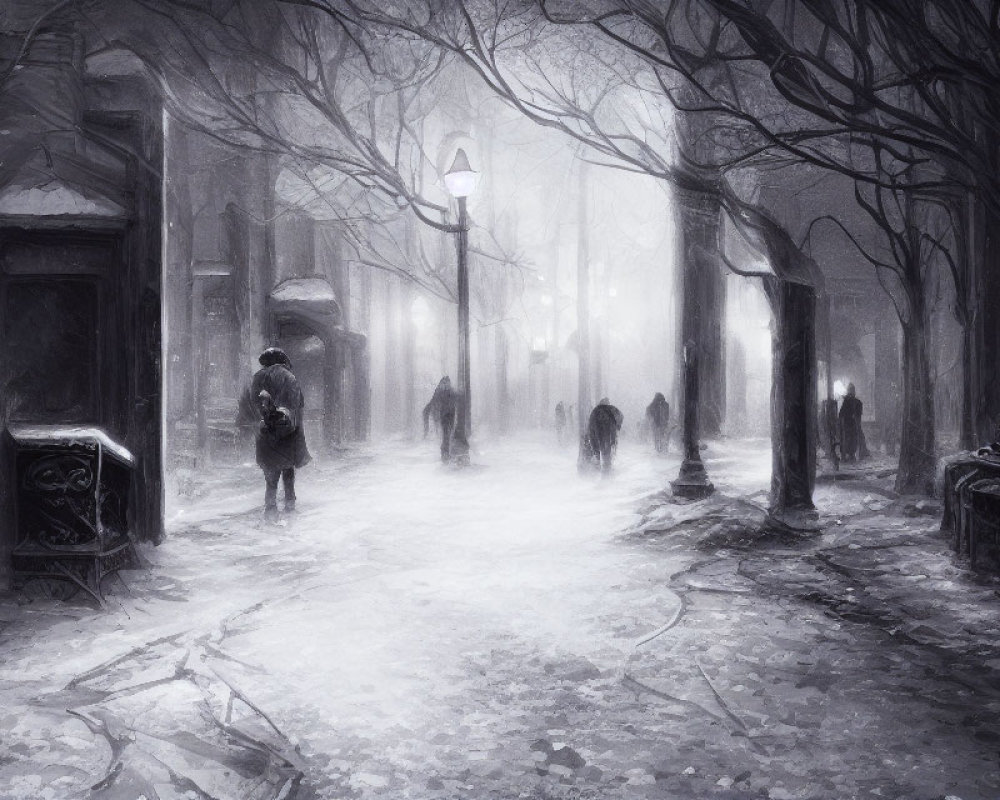 Monochrome winter street scene with mist, snow, pedestrians, and vintage lampposts