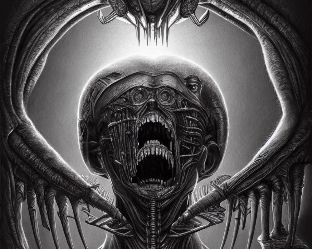 Monochromatic artwork of horrific creature with open mouth and multiple arms surrounding glowing orb