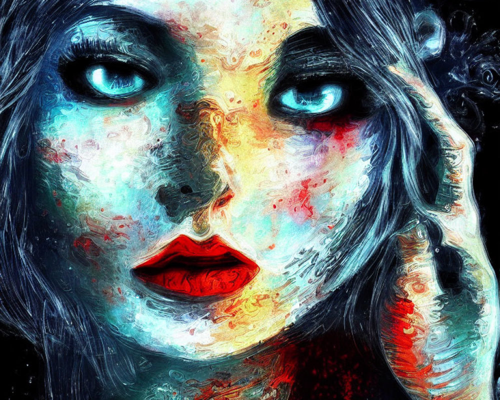 Vibrant digital portrait of a woman with blue eyes and red lips