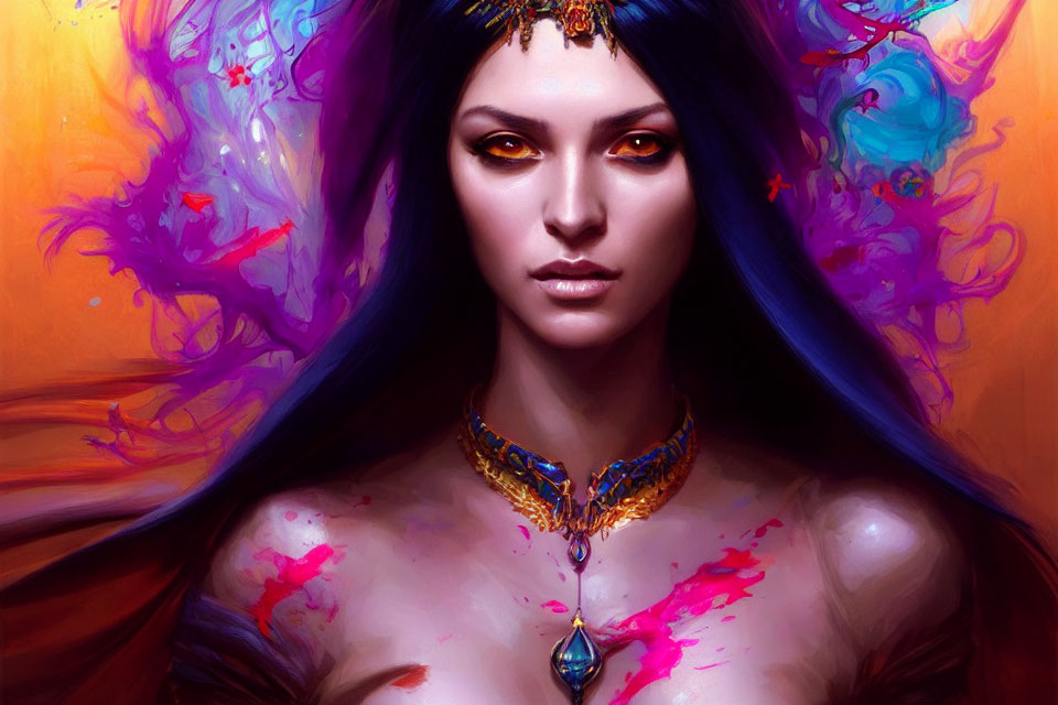 Vivid digital artwork: Woman with dark hair, golden accessories, in surreal purple-magenta background