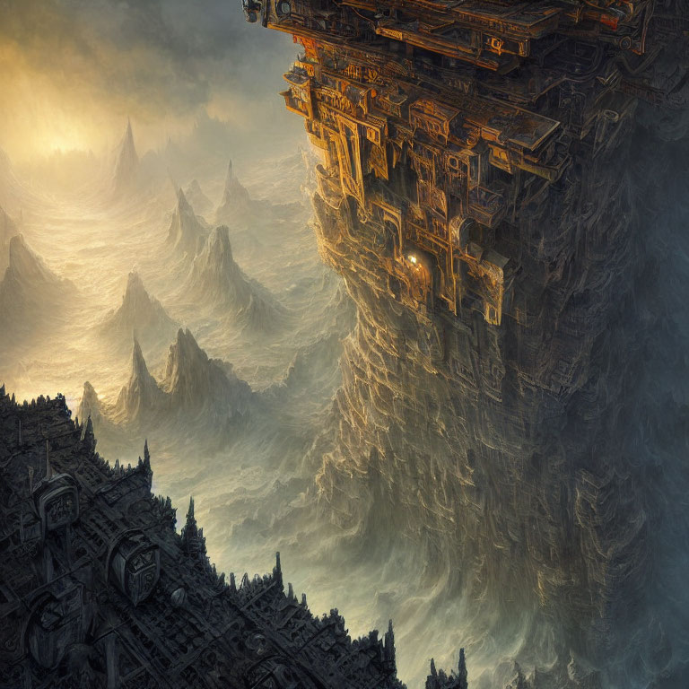Mystical floating city above misty rocky peaks