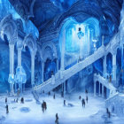 Luxurious multi-level ice palace interior with grand staircases and soft blue lighting