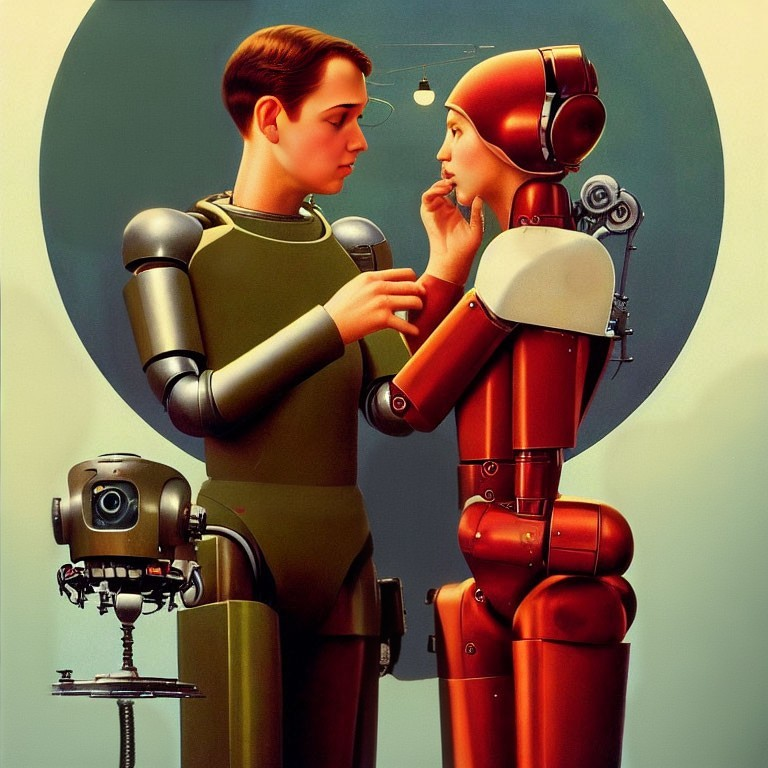 Illustration of red robot touching man's face with vintage camera robot in background