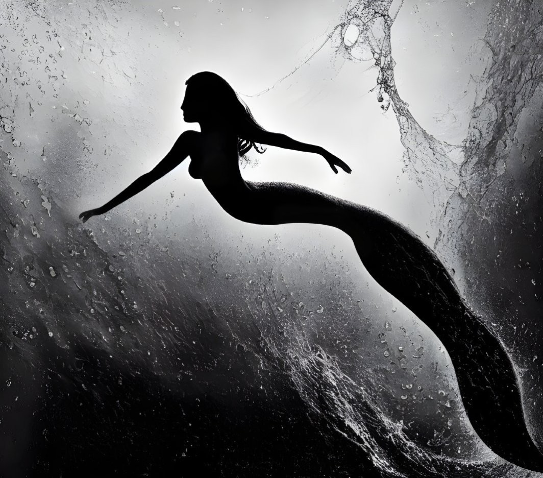 Mermaid silhouette with flowing hair in moody underwater scene