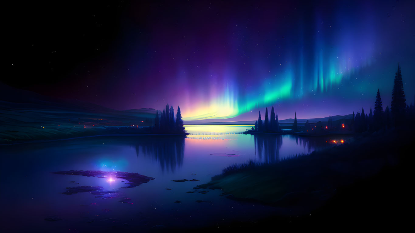 Nighttime Landscape: Northern Lights Reflecting on Tranquil Lake