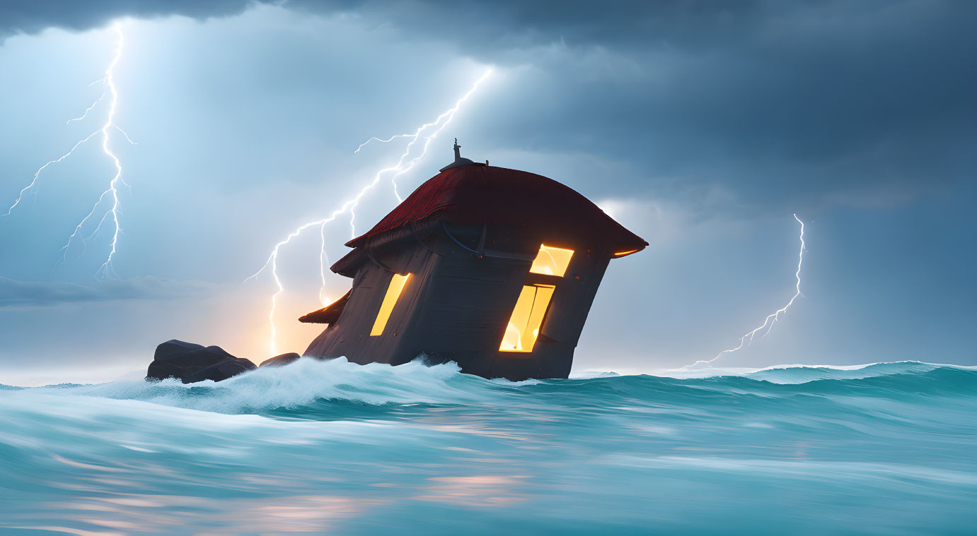 House with Illuminated Windows in Stormy Seas and Lightning Sky