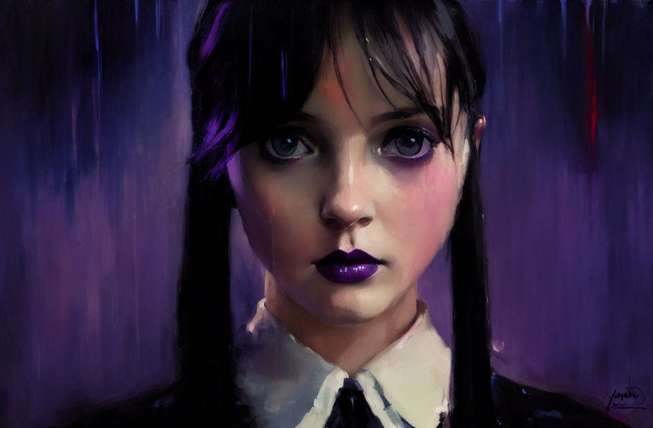 Young Woman with Dark Hair and Piercing Gaze in Digital Painting
