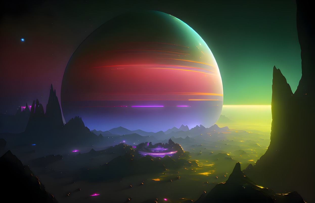 Surreal sci-fi landscape with large ringed planet and neon-lit terrain