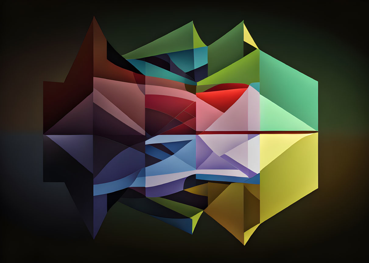 Multicolored abstract geometric shapes on dark background with 3D cube illusion