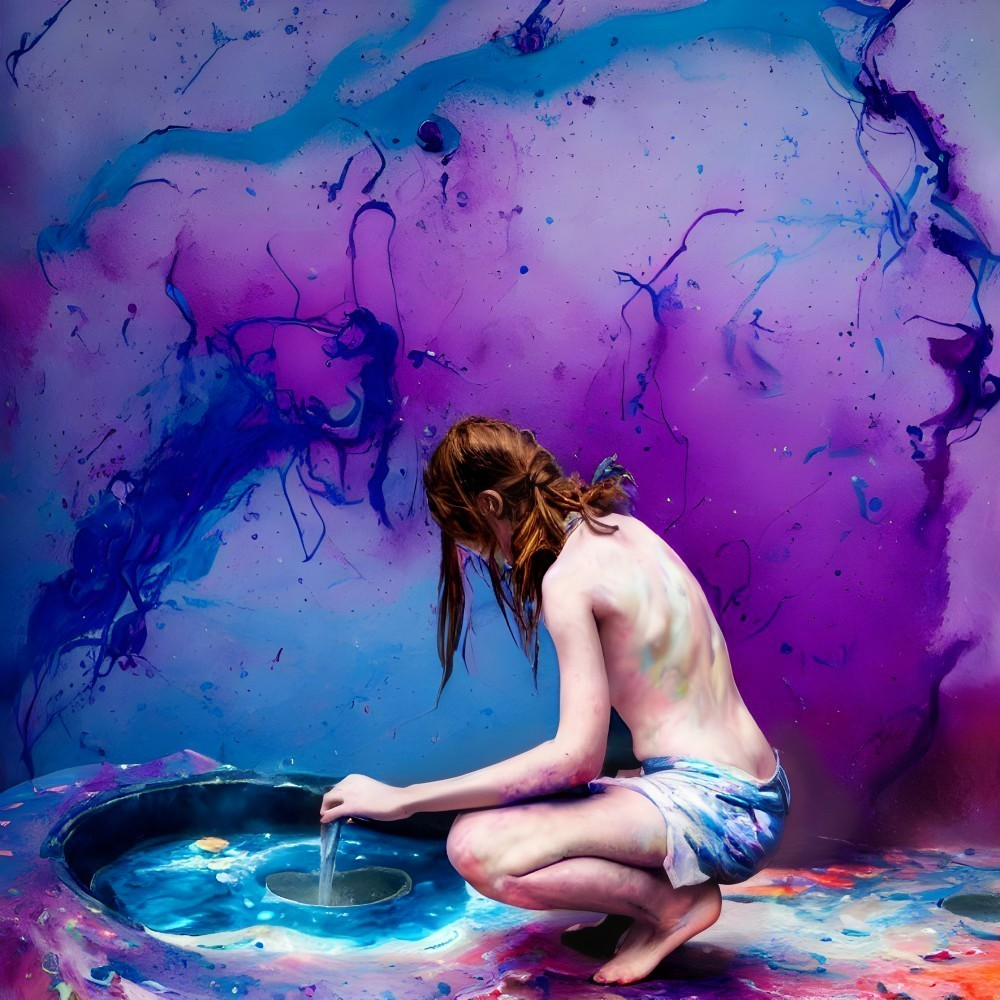 Person sitting with hand in liquid basin against blue and purple background