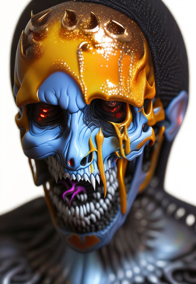 Detailed skull mask with blue and black tones and orange lava effects