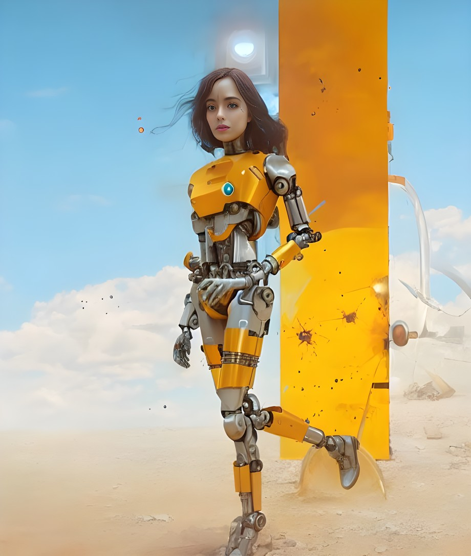 Female-faced humanoid robot in desert with vertical portal and wind turbine