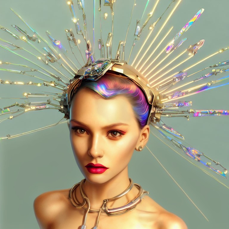 Futuristic digital artwork of woman with crystal headdress on teal background