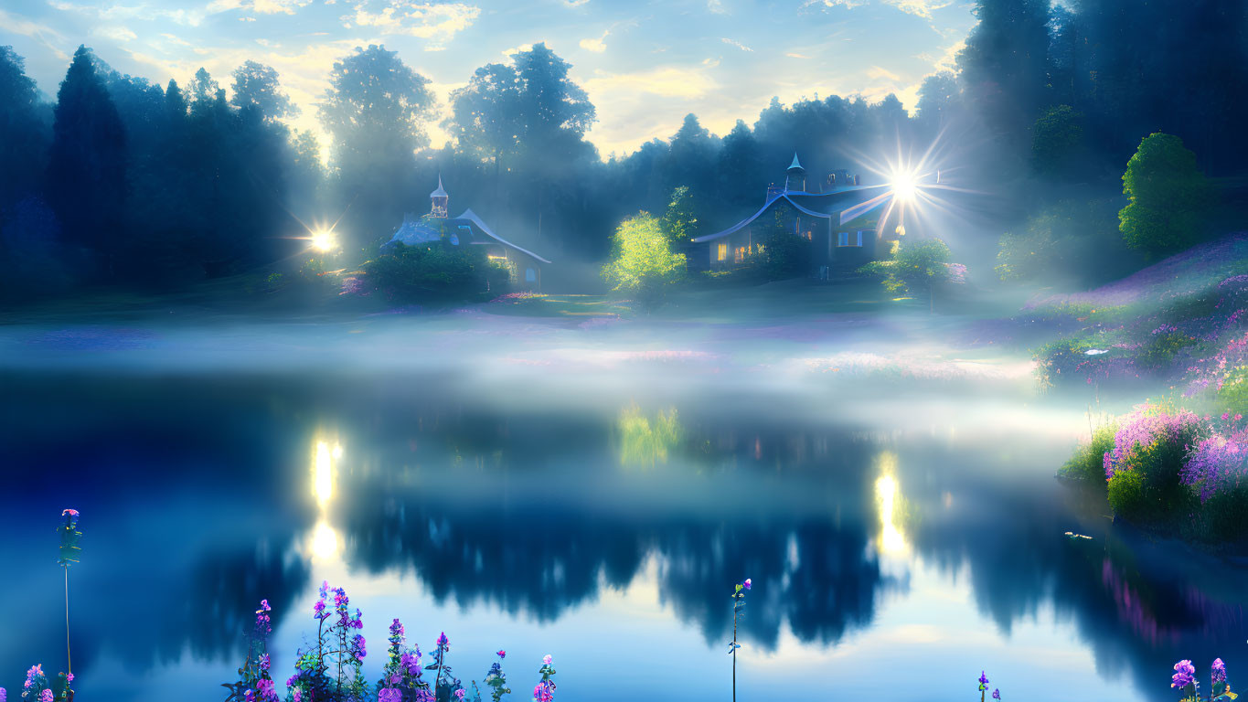 Tranquil lakeside sunrise with house, church, greenery, and flowers