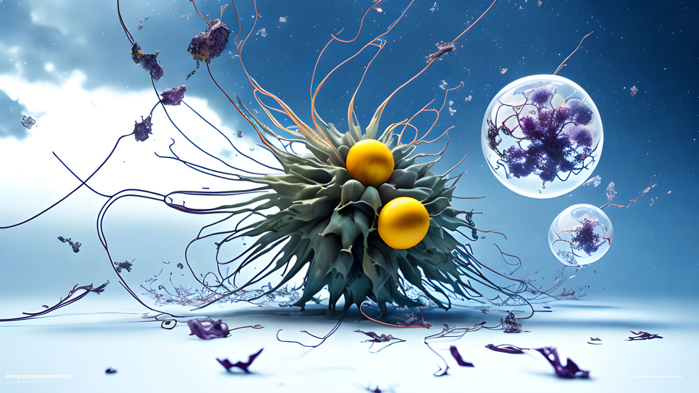 Surreal digital artwork featuring plant-like organism with yellow orbs, tendrils, and miniature landscapes in