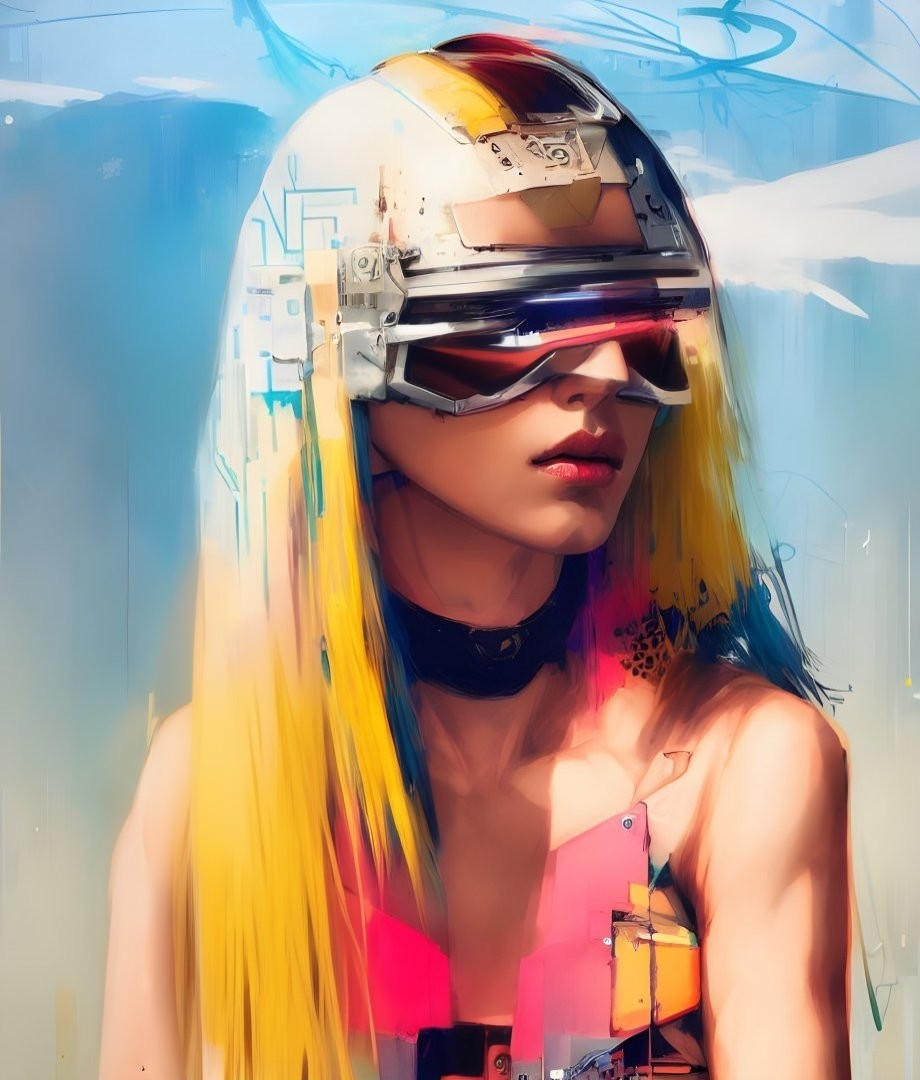 Blonde woman in futuristic helmet with abstract background