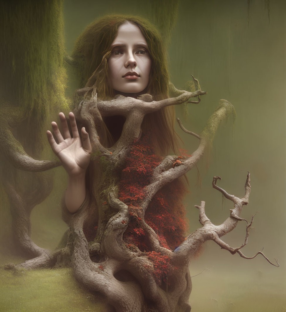 Contemplative woman in red foliage emerges from twisted tree roots