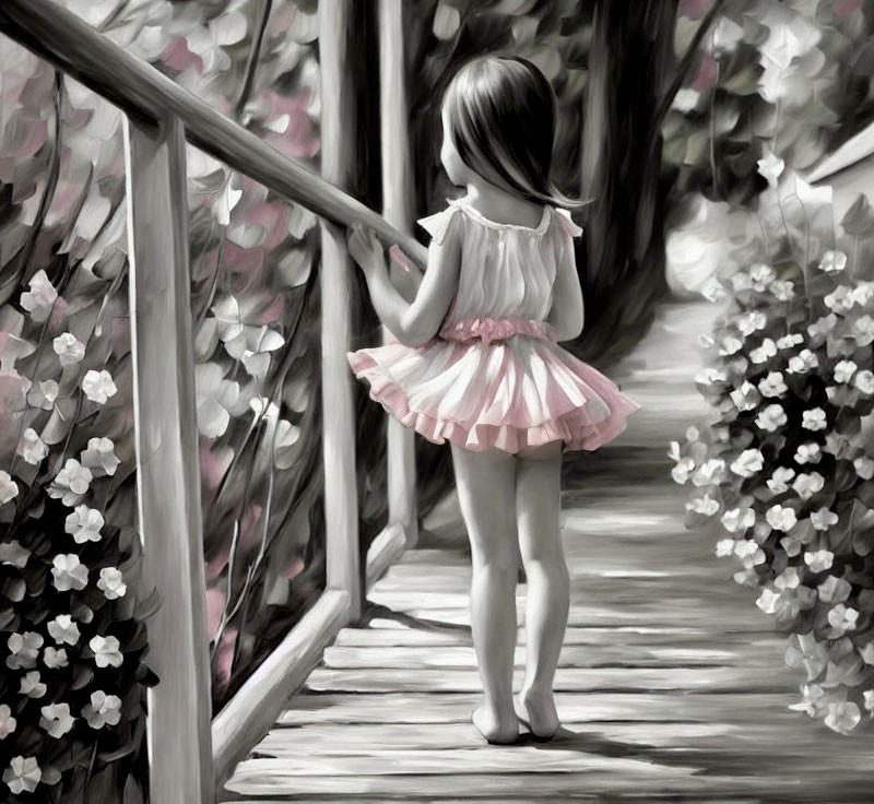 Young girl in pink tutu on flower-covered bridge gazes ahead
