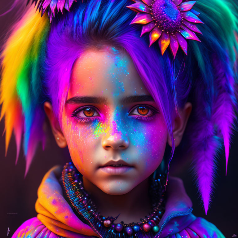 Colorful young girl with rainbow hair and face paint, adorned with feathers and floral accessory