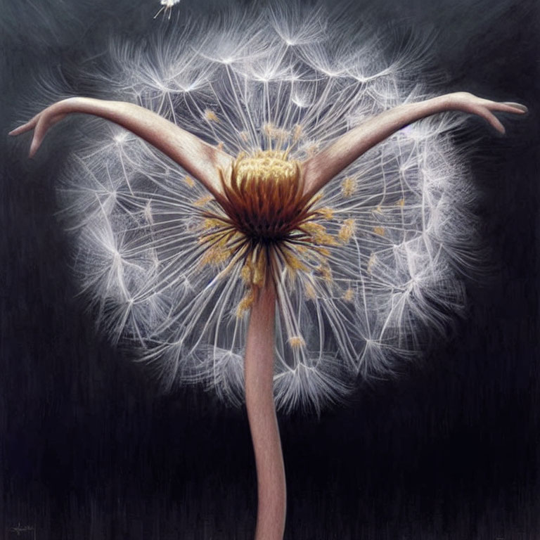 Dandelion seed head transforms into human arms on dark backdrop
