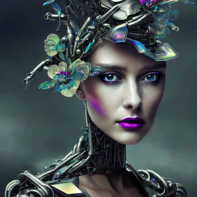 Female Cyborg Digital Artwork: Futuristic Headpiece with Metallic Flowers and Circuitry