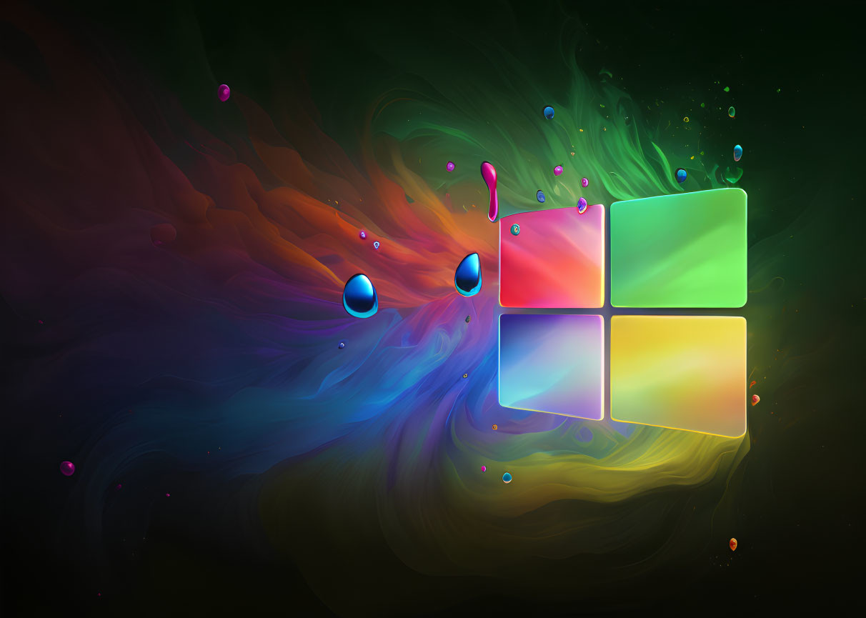 Vibrant digital artwork: Windows logo with neon glow in swirling backdrop