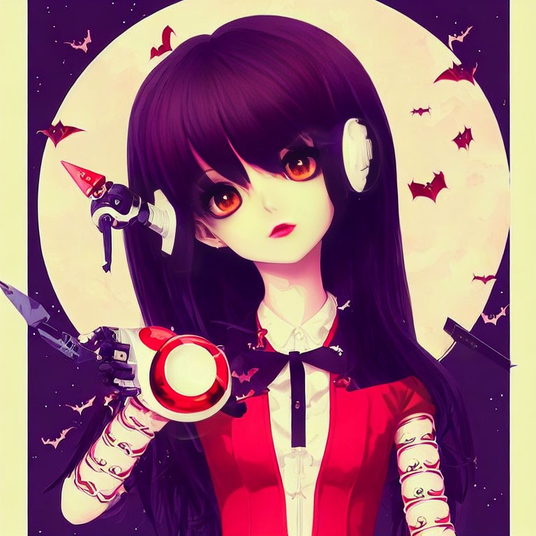 Anime female character with dark hair, yellow eyes, red outfit, headphones, futuristic gun, bats,