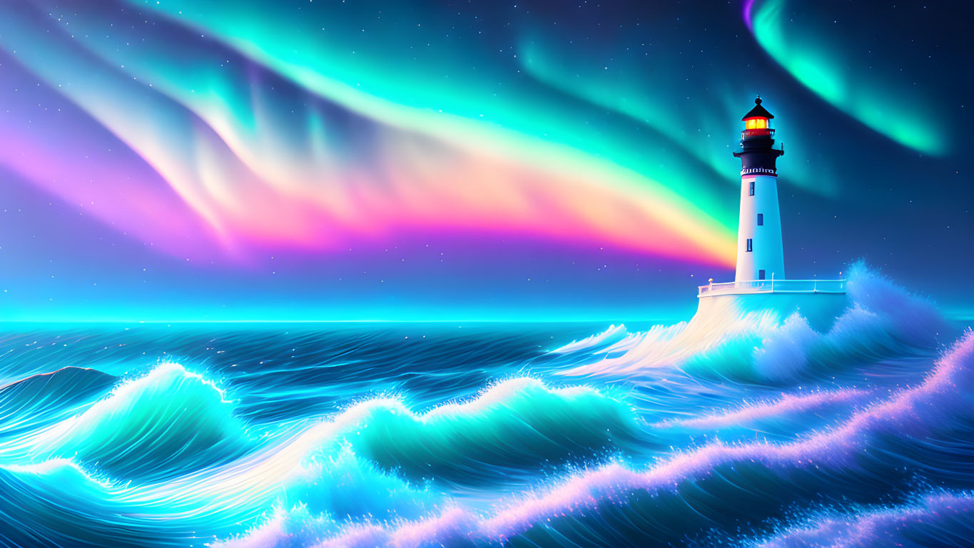 Digital artwork of lighthouse, northern lights, and luminous waves