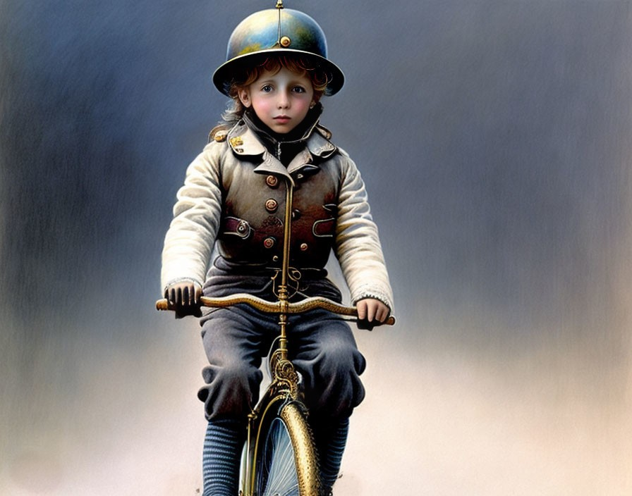 Child in vintage helmet rides old-fashioned bicycle in misty setting