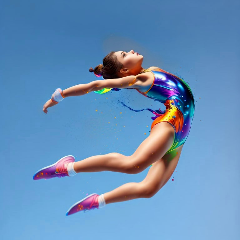 Female dancer leaping in colorful costume on blue backdrop