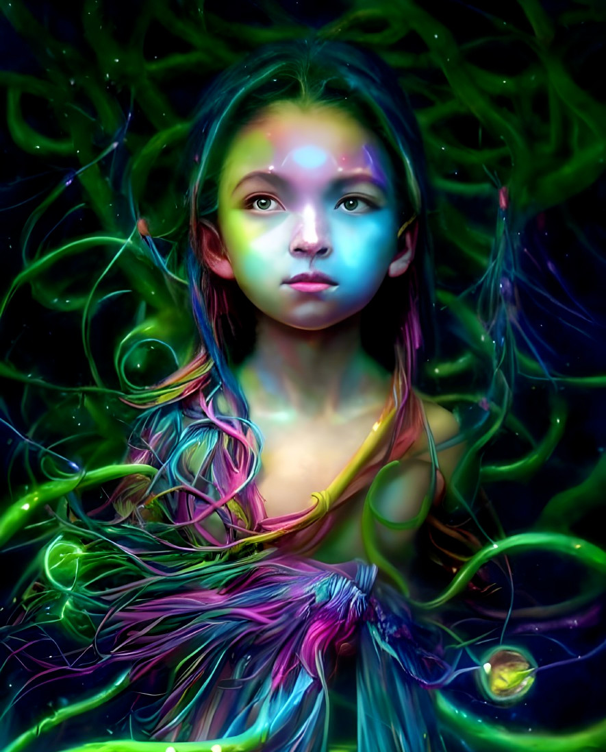 Ethereal portrait of a girl with multicolored skin and neon tendrils on cosmic background