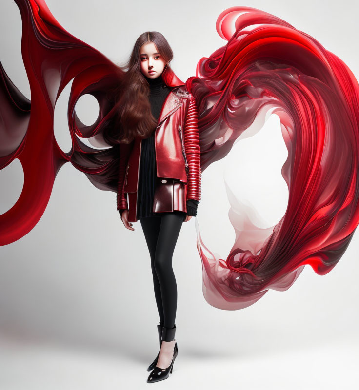 Woman in Red Leather Jacket Surrounded by Abstract Red Shapes