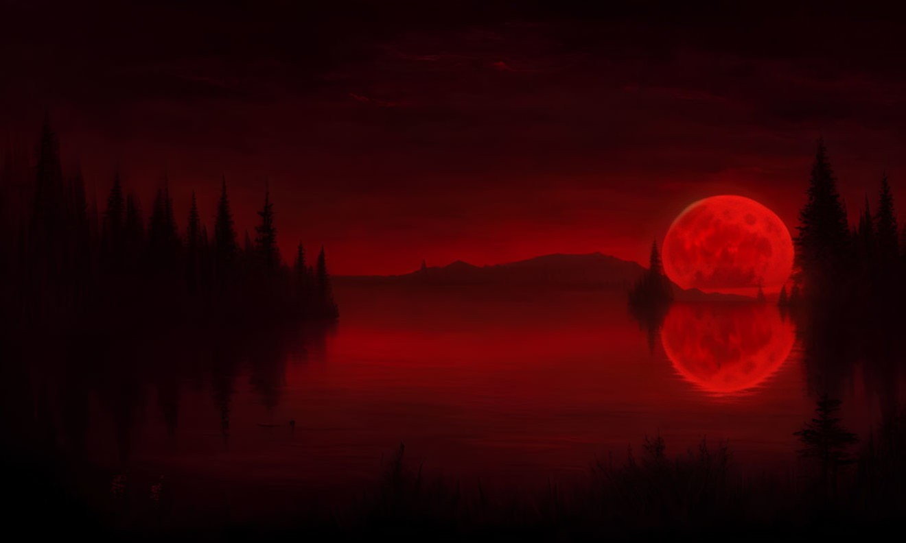 Large Red Moon Over Still Lake Reflecting Glow with Dark Silhouettes of Pine Trees and Crimson Sky