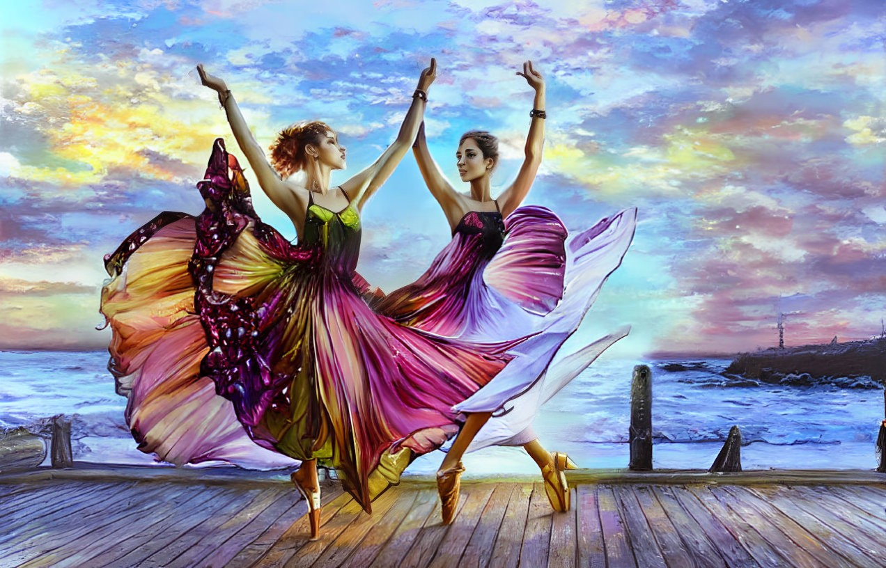 Colorful Dancers Perform on Wooden Pier at Sunset