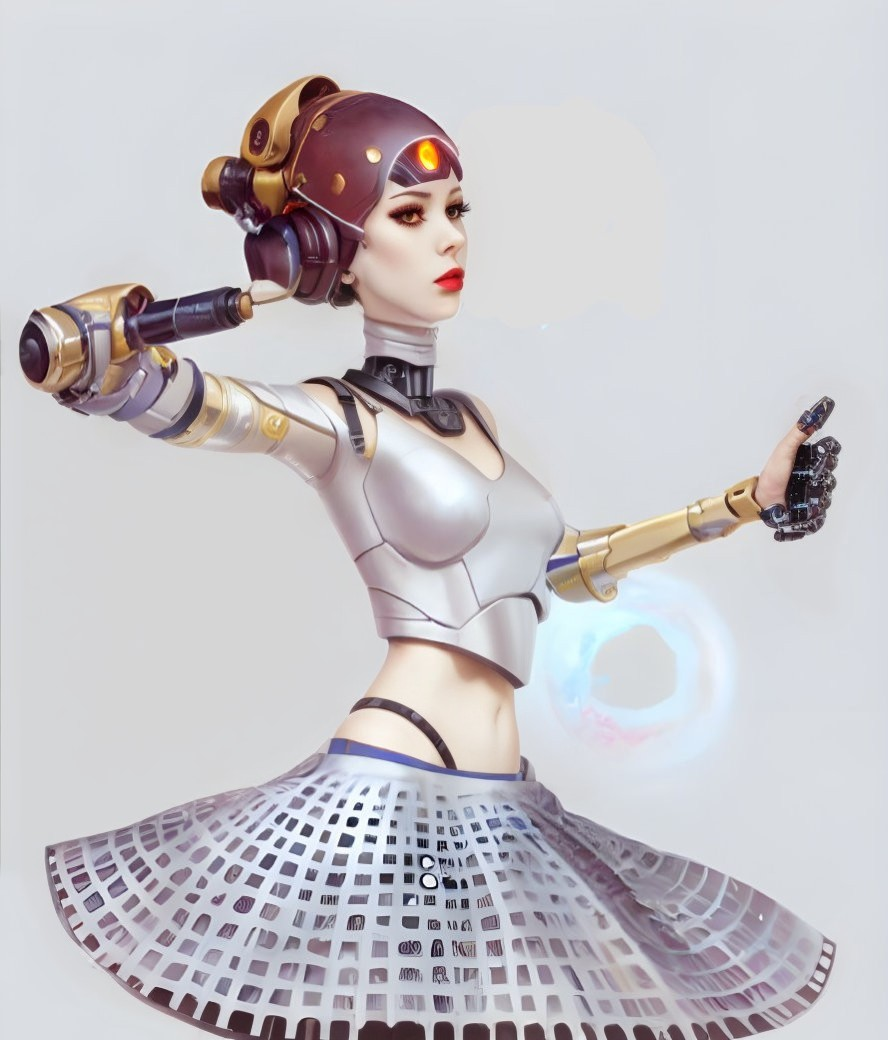 Futuristic female robot with metallic body and energy ball hand