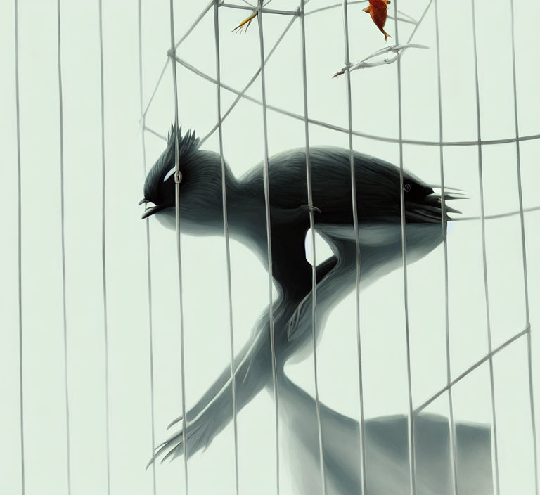 Stylized black bird with crest in white cage, shadow and leaves.